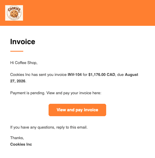 The invoice email a customer receives, with a View and pay invoice button