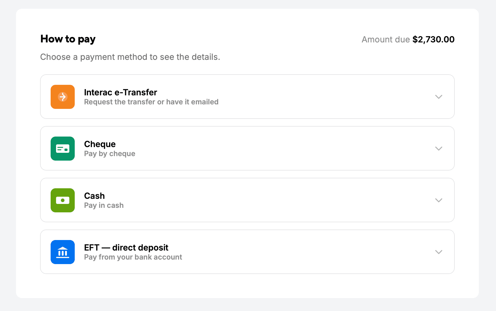 Customer-facing payment options: Interac e-Transfer, cheque, cash and direct deposit
